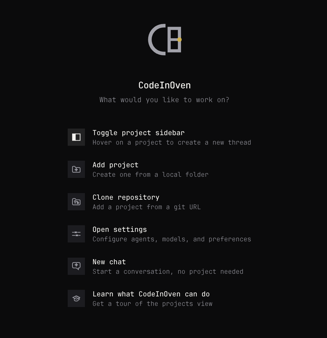 CodeInOven welcome screen with project, settings, and chat shortcuts.