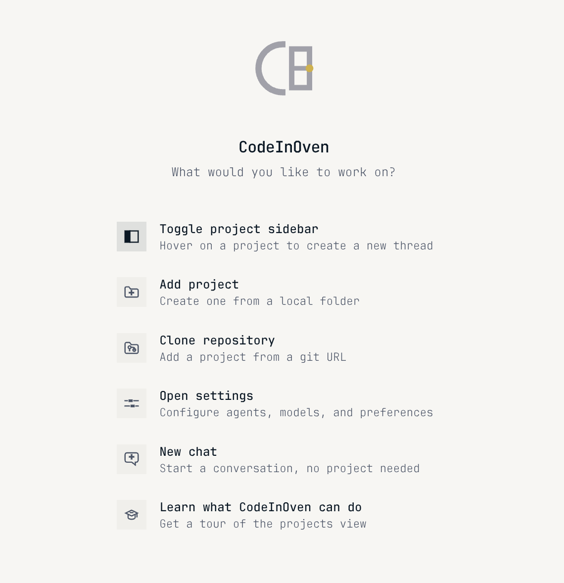 CodeInOven welcome screen with project, settings, and chat shortcuts.