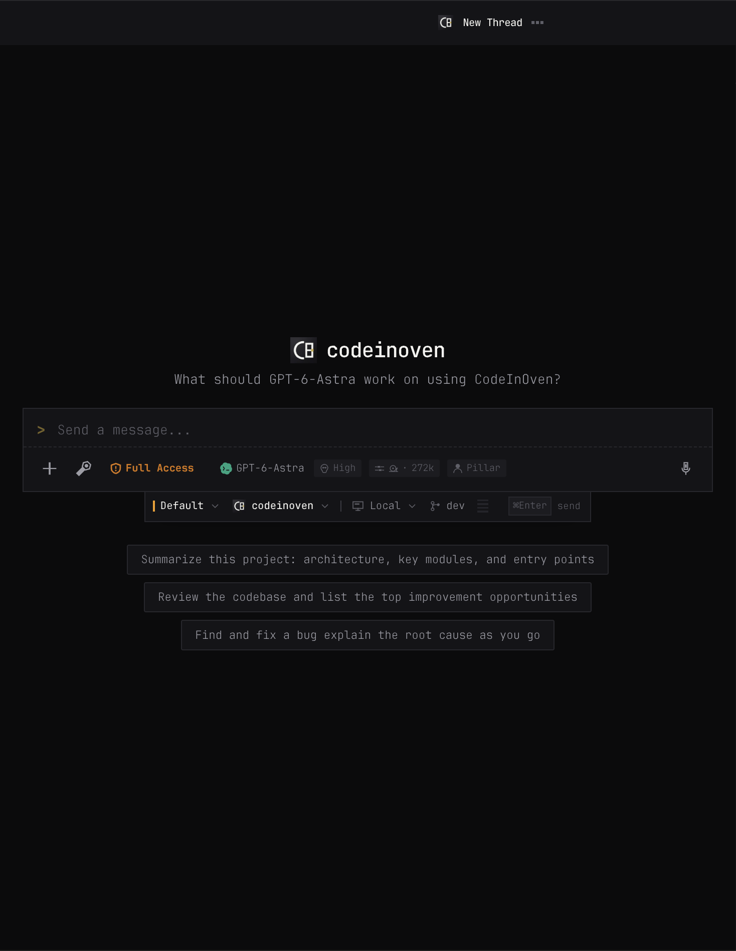 CodeInOven desktop center workspace in dark mode