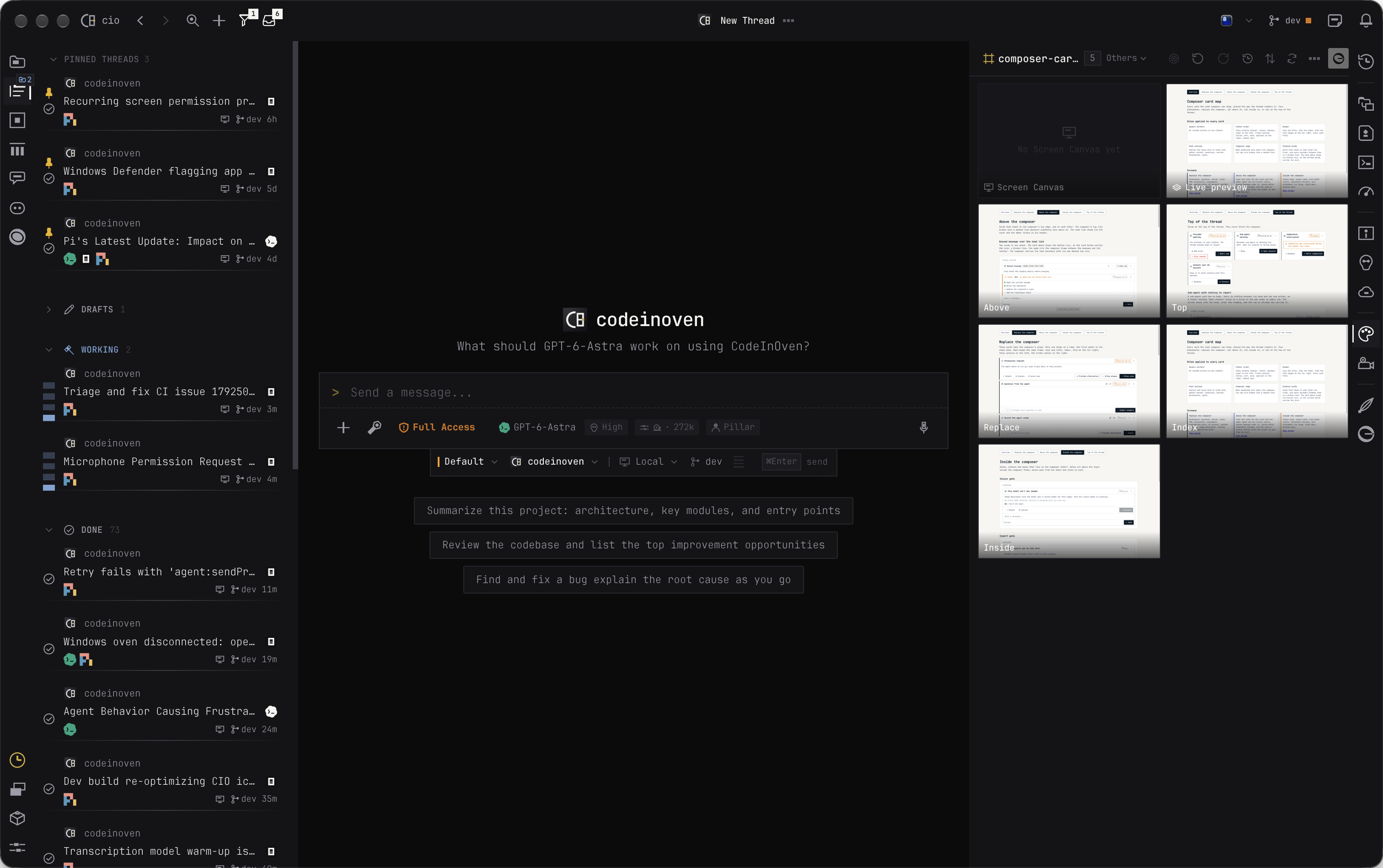 CodeInOven right workspace in dark mode