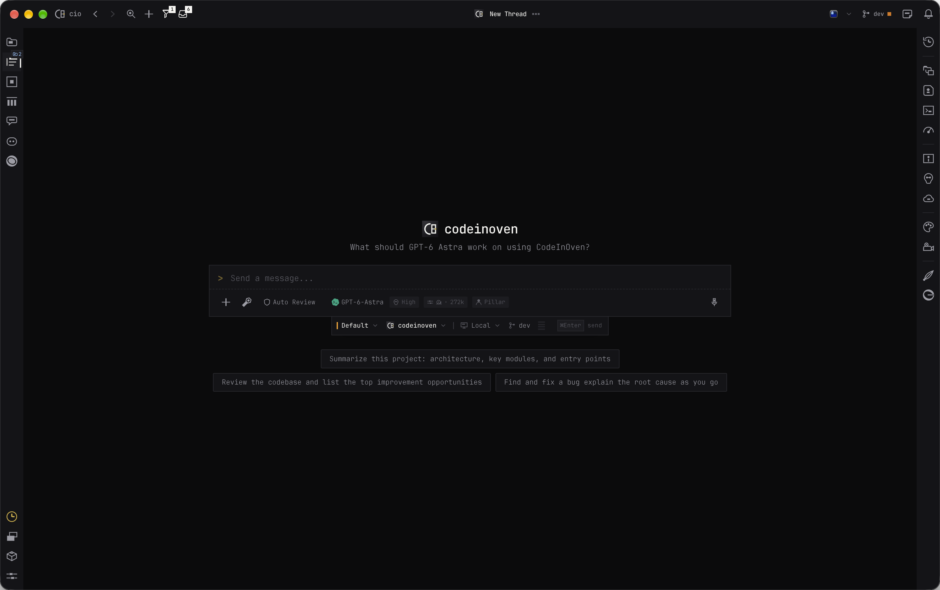 CodeInOven center workspace in dark mode