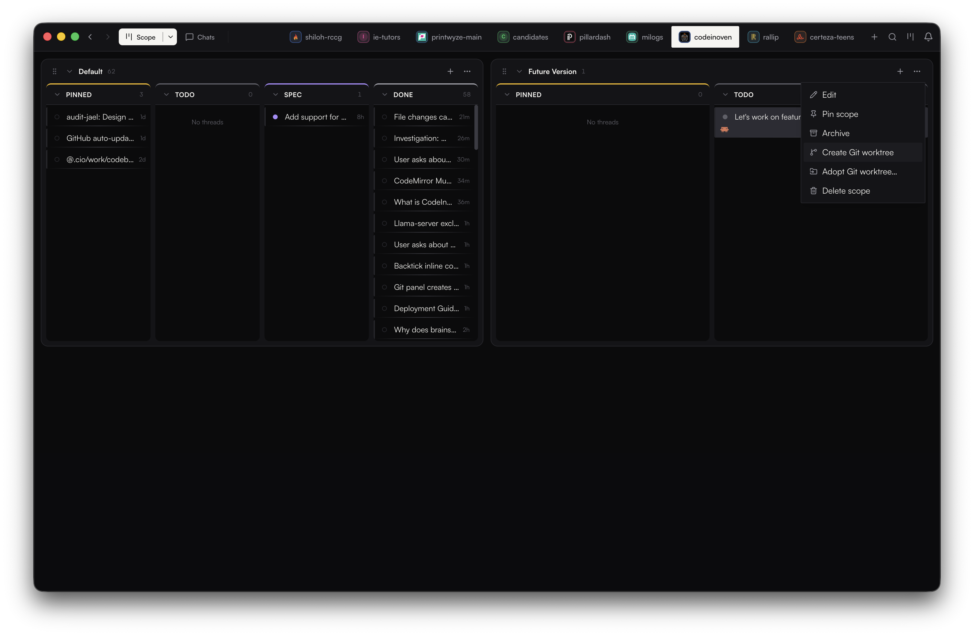 Scopes board organizing threads into Pinned, Todo, Spec, and Done columns across project scopes