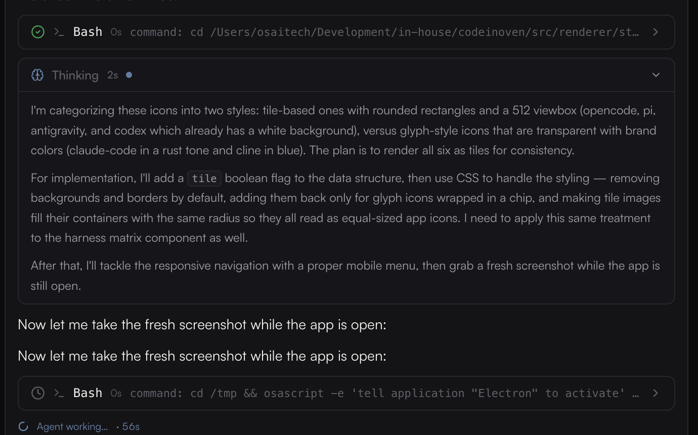 A CodeInOven run in progress showing reasoning traces, shell commands, and file reads with status